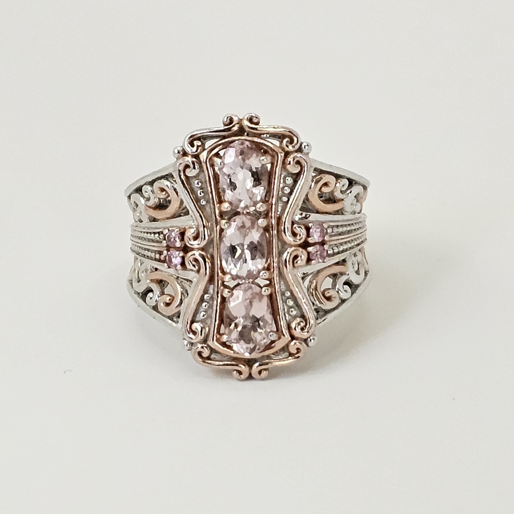 Genuine Morganite & Sapphire Ring 18K Rose Gold Palladium Sterling Silver Sz 6.5
